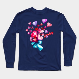 Pink and red falling Valentines hearts with blue ribbon, watercolor hearts Long Sleeve T-Shirt